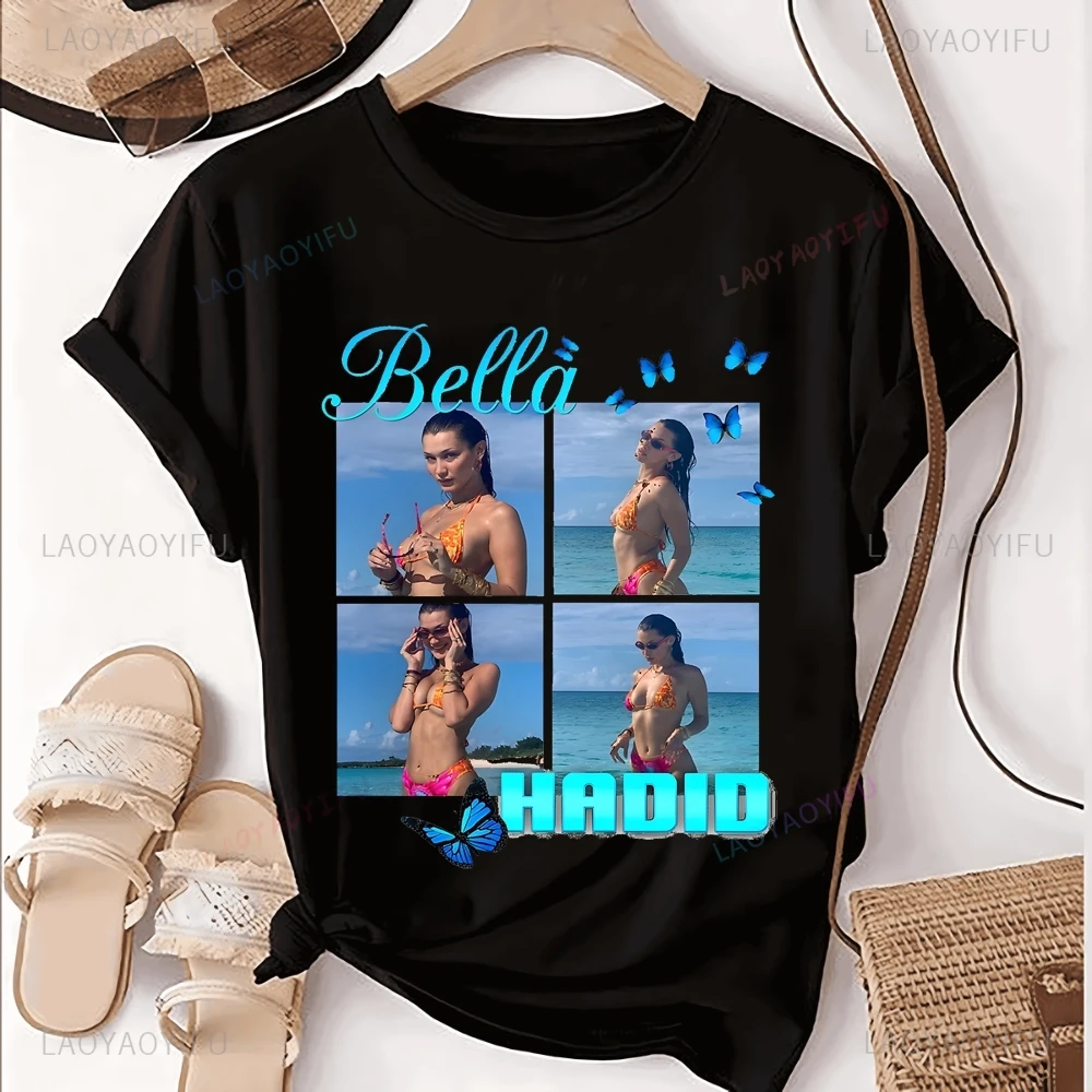 Bella Sexy Beauty Hadid Model Vintage Print T-shirt Top Neutral Trend Harajuku Short Sleeve Unisex Shirt Pattern Large T-shirt