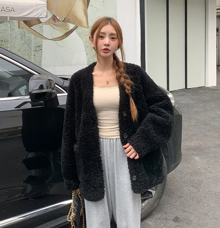 Faux Fur Decor Coats Womens Streerwear Long Winter Elderly Kawaii Chunky Furry High Waisted V Neck Hem Outerwear Slit Distressed