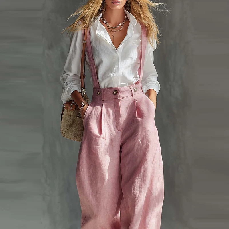 

Women Fashion Street Wide Leg Pants JumpsuitsSimple Solid Sleeveless Camisole Romper Casual High Waist Button Straight Playsuit