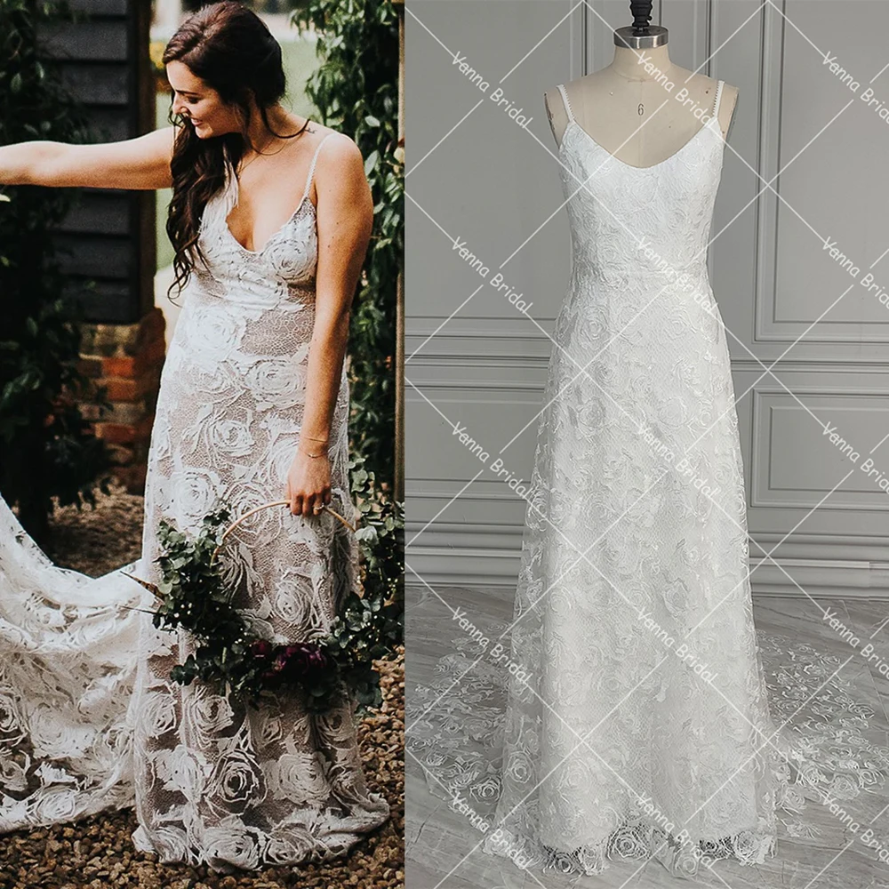 Backless Spaghetti Straps Boho Floral Lace Wedding Dress A Line Real Photos V Neck Customized Romantic Rustic Sexy Bridal Gown