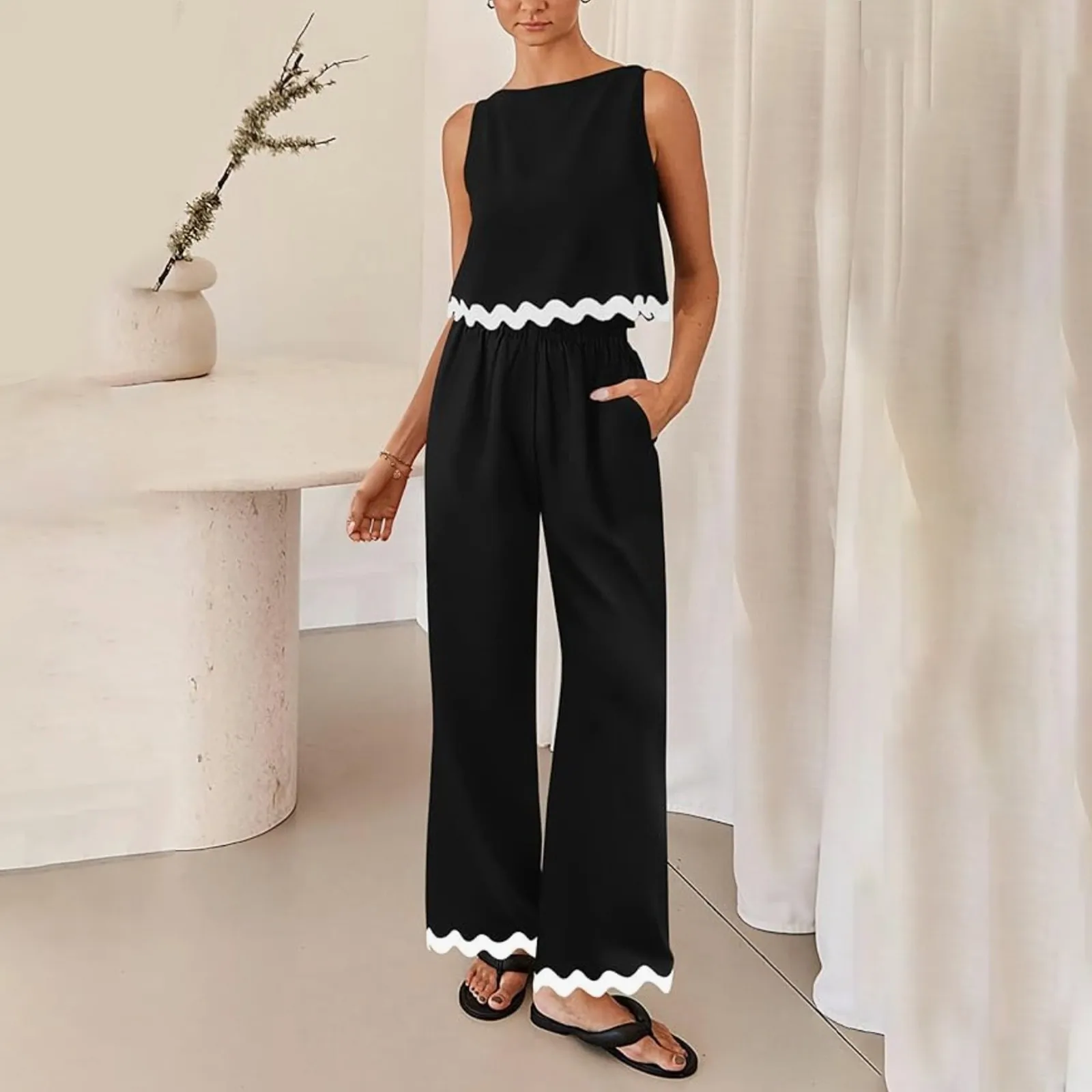 

Women'S Solid Color Elegant Beautiful Set White Lace Sleeveless Mini Comfort Top And High Waist Loose Wide Leg Pants 2 Piece Set