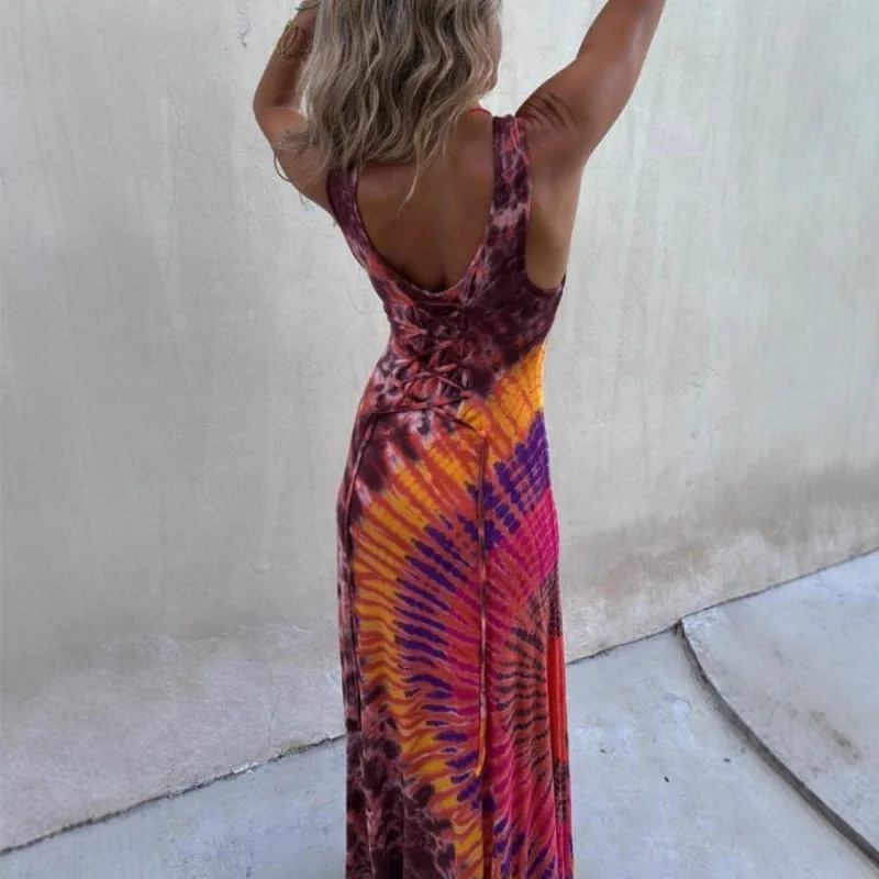 2025 neue Mode Gedruckt Backless Hosenträger Kleid Frauen Sommer Sexy Elegante Strap Hohe Taille Lange Kleider Für Frauen