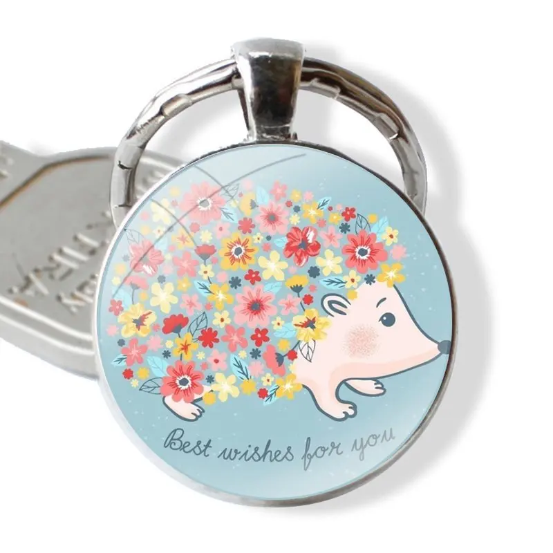 25mm Glass Cabohcon Keychain Key Rings for Women Men Jewelry Gift Hedgehog  Animal Art