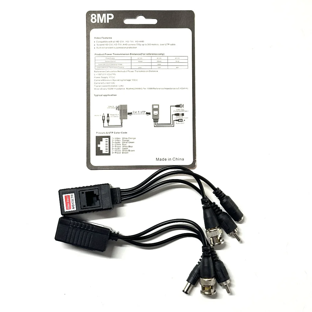 

8MP 3 в 1 HD Video Balun Video + Power + Audio BNC TO RJ45 Трансивер CCTV 2 в 1 Витая пара для камеры AHD/CVI/TVI/CVBS