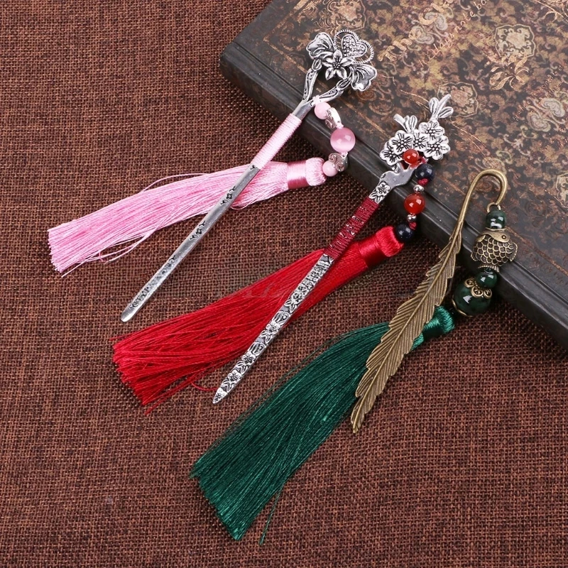 Chinese Style Vintage Antique Metal Bookmark Handmade Weave Long Tassel Beads Traditional Book Mark School Office Supplies