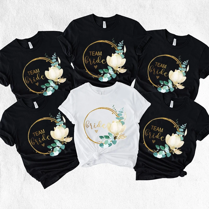 

Girls Bachelorette Hen Party Tops Team Bride Bridesmaid T-Shirt O Neck Short Sleeved Wreath Graphic Tees Bridal Wedding Blouses