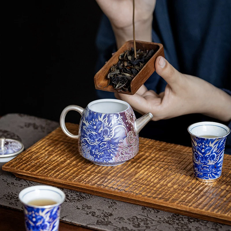 Hand Painted Dragon Pattern Filigree Silver Teapot High Grade the Year of the Loong Cousehold Ceramic with Filter KungFu Tea Set