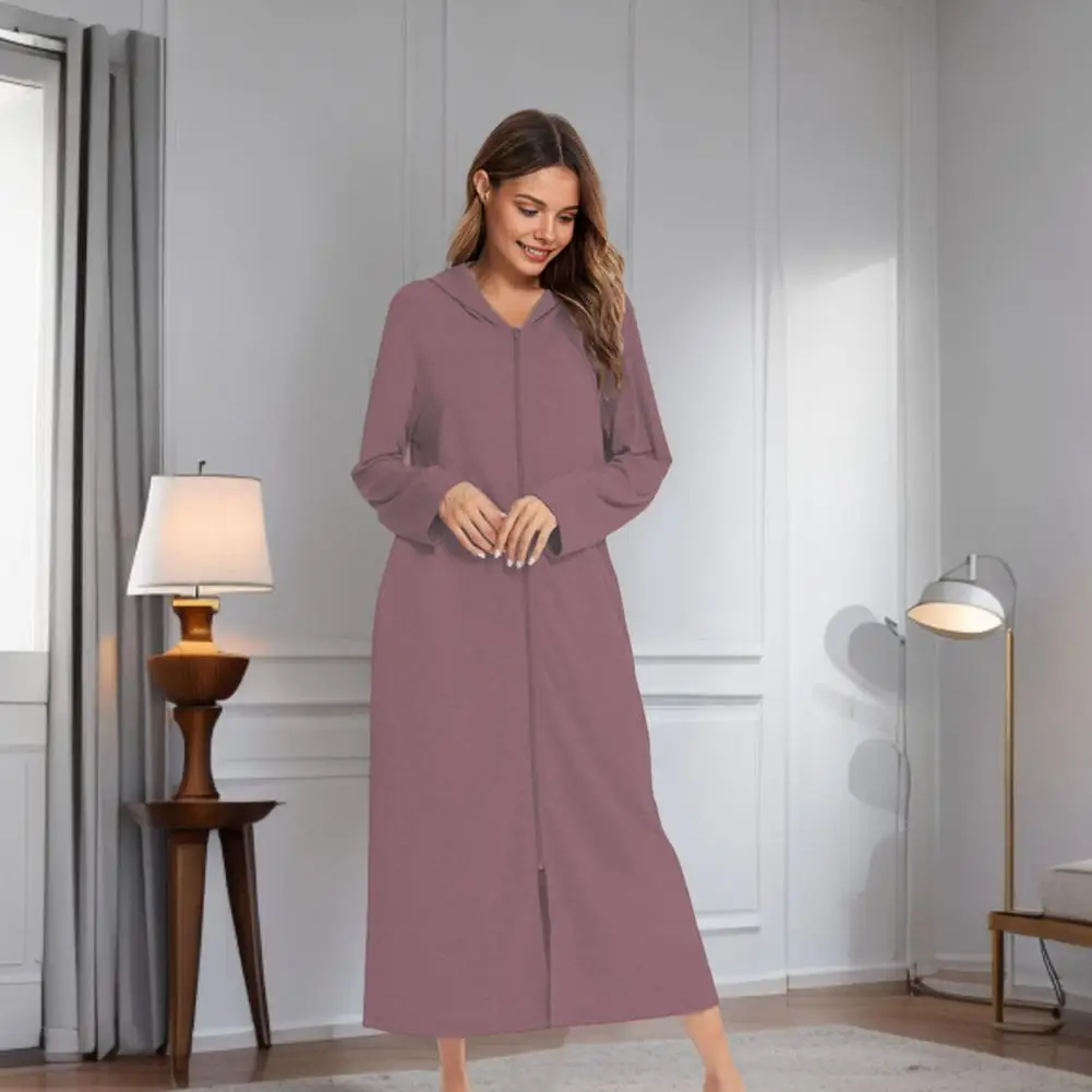 

Женская ночная рубашка на молнии с длинным рукавом, свободная однотонная с карманами, домашняя одежда с капюшоном до середины икры, повседневная одежда, ночная рубашка для дома, спальни