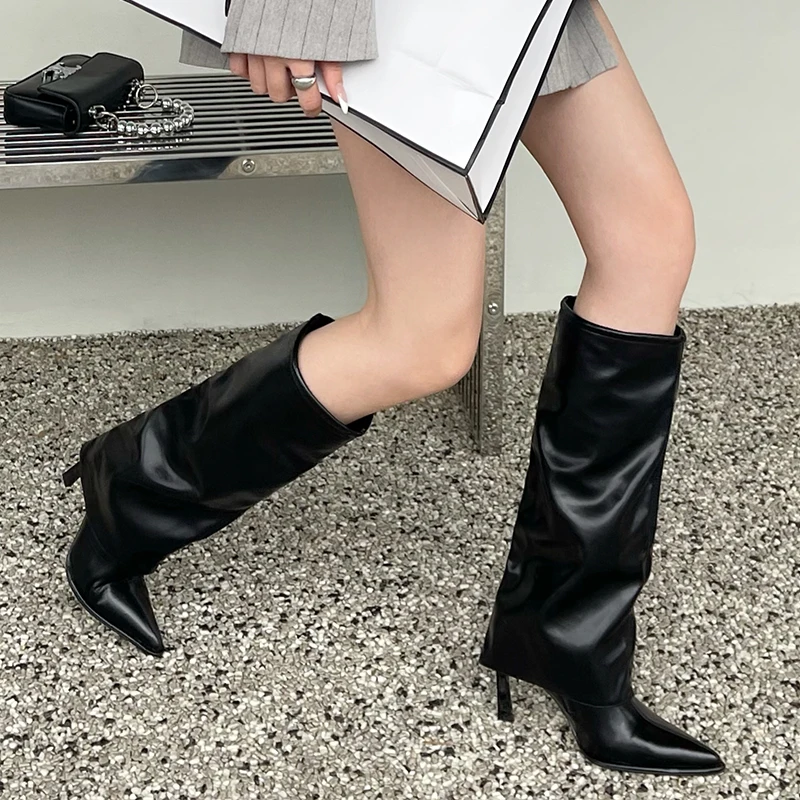 Womens Pumps Long Boots Stretch Fabric Western Knee-High Ladies Long Boots For Footwear Slip On 2024 Thin Heels Female Shoes