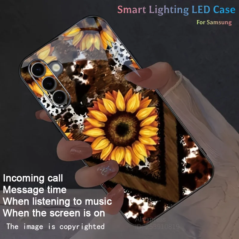 

Western Leopard Print 3D Sunflower Phone Case LED For Galaxy Z Fold 7 4 5 Z Fold6 zFold6 Zfold7 Shockproof Luminous Back Cover