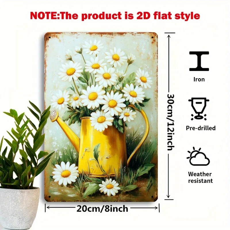 2D Flat - A 2D Piece Featuring a Daisy Metal Sign in a Yellow Watering Can, Measuring 8X12 Inches, Perfect for Rustic Garden Cha