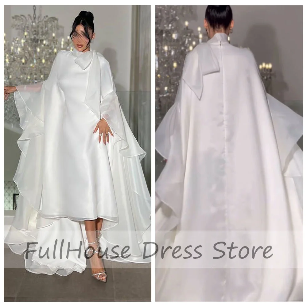 

Custom Made White Muslim Dubai Arab Gown O-neck Ruffles Solid Bow High Low Evening Dress with Cape High Quality فساتين