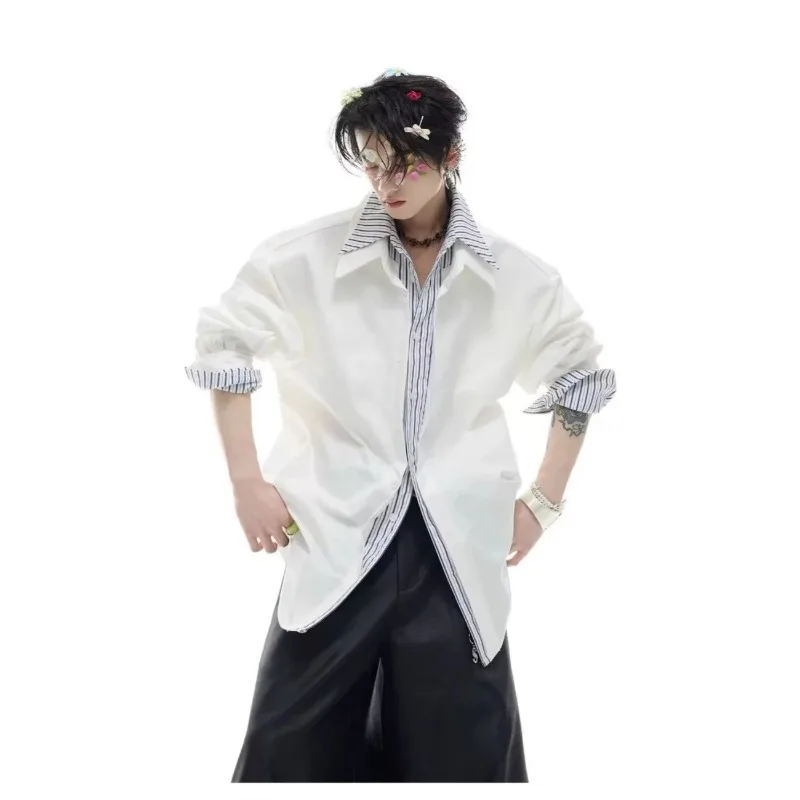 Men's Oversized Shirt with Striped Contrast Collar Cuffs