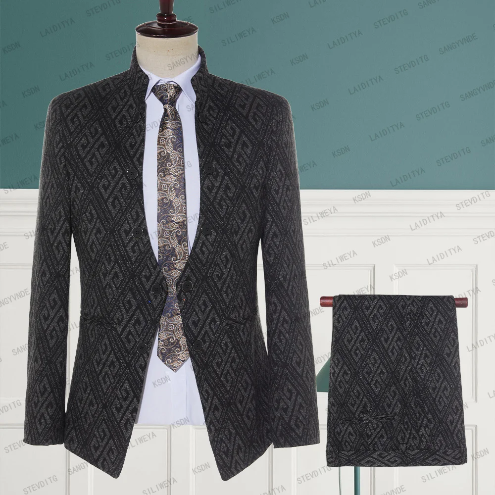 

2023 Fashion Men Casual Boutique Stand Collar Grey Black Shiny Pattern Plaid Chinese Style 2 Pcs Suits Set Slim Fit Jacket Pants