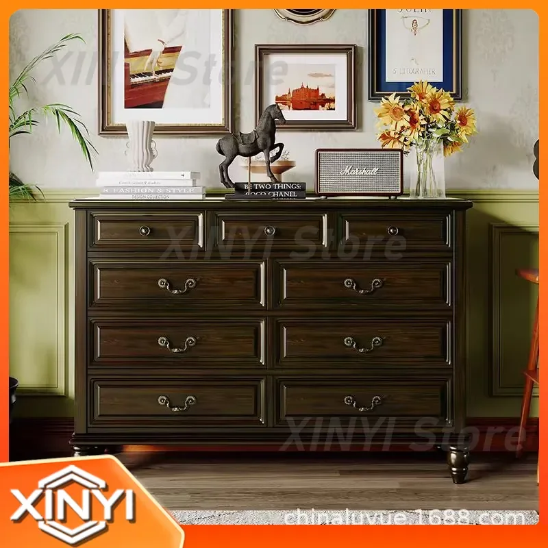 American Solid Wood Chest for Rural Style Home Decor Nine Drawer Cabinet for Living Room Bedroom Storage and Entryway