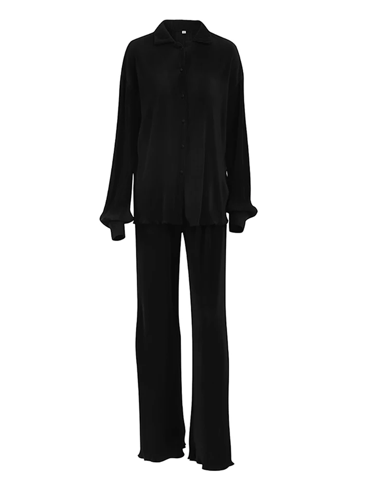 OOTN Office Pleated Pant Suits Elegant Long Sleeve Lapel Shirts Elastic Waist Trousers Two Piece Sets Women Outfits Autumn 2023