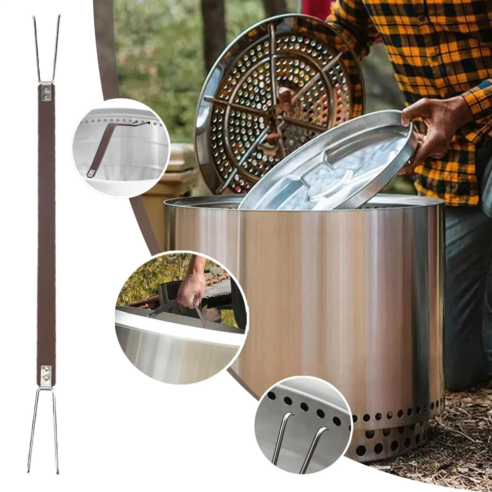 Handle for Fire Pit Lid Fire Pit Tool Portable Handle with Stainless Steel Hooks for Grill Camping Outdoor Indoor Table Hiking view 4