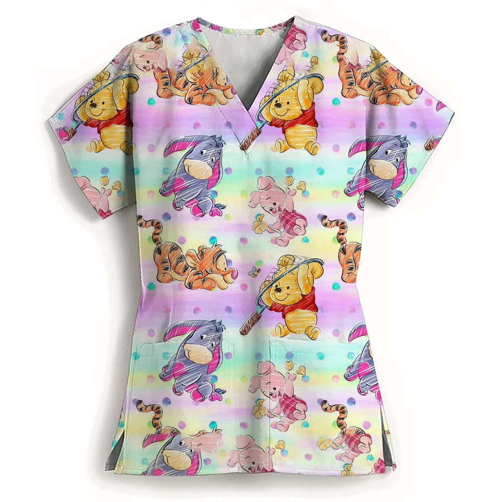 Hospital uniforms Medical Winnie the Pooh Printed nursing V-neck shirts Dental clinic uniforms Medical nurses Short sleeved fros