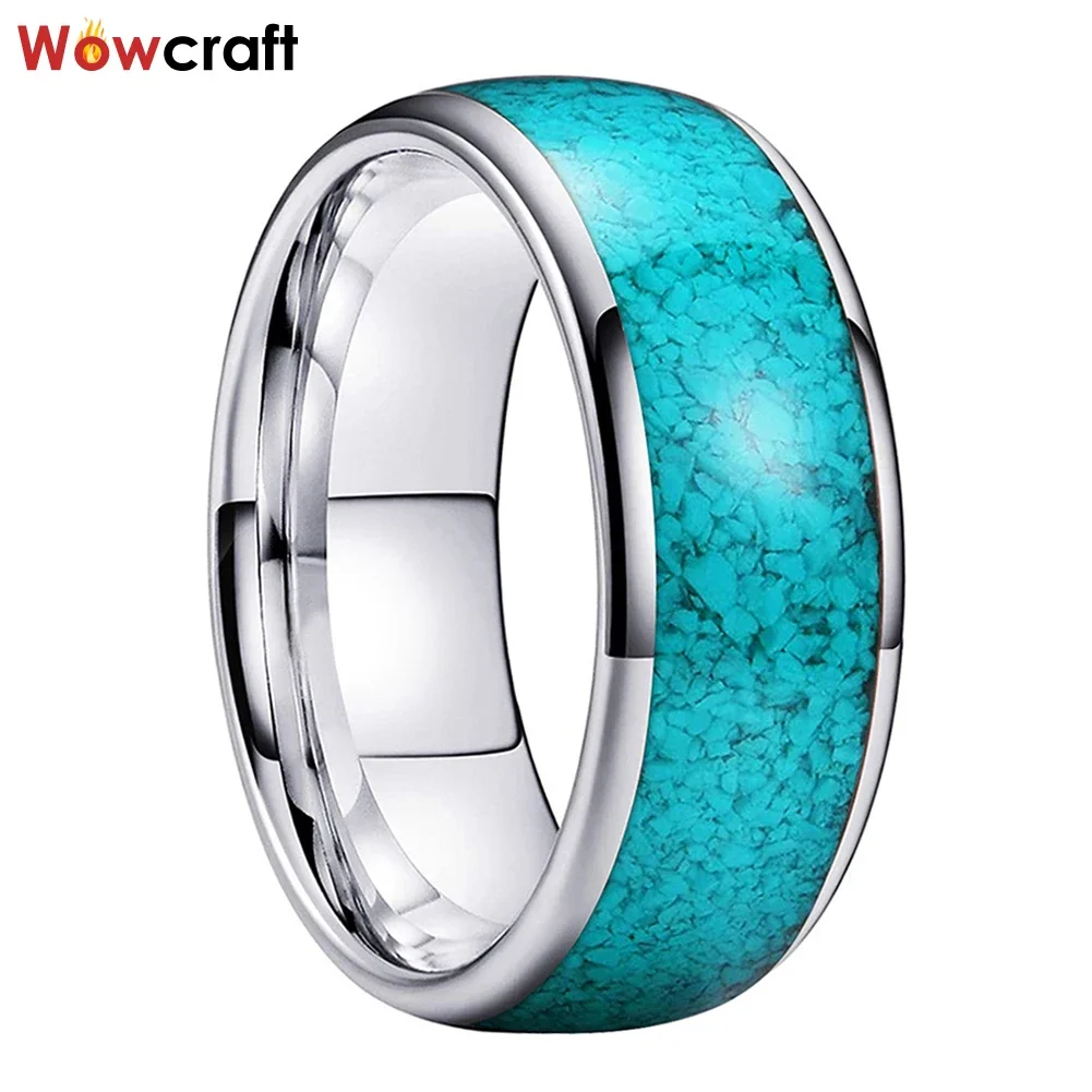 Tungsten Trendy Rings Crushed Turquoise Inlay Wedding Bands Polished Shiny Domed Comfort Fit Size 4-15