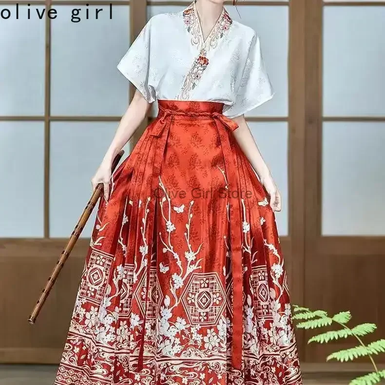 대형 중국 전통 여성 탑 인쇄 셔츠 여름 자수 블라우스 여성용 Hanfu Oversize