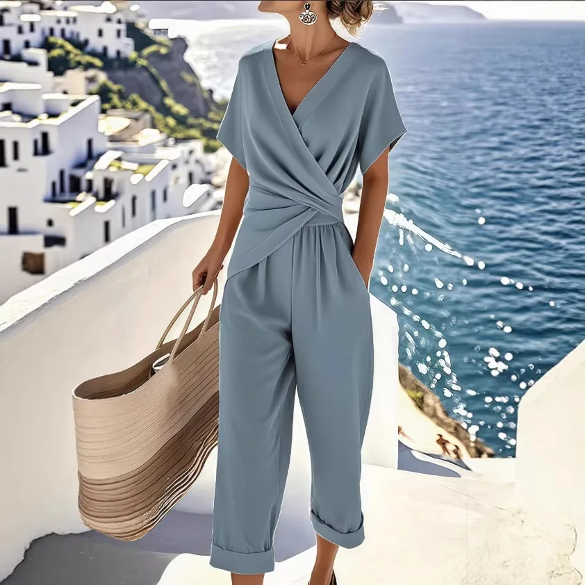 

Модный однотонный асимметричный женский комплект с коротким рукавом: новая летняя повседневная спортивная одежда для трансграничной торговли