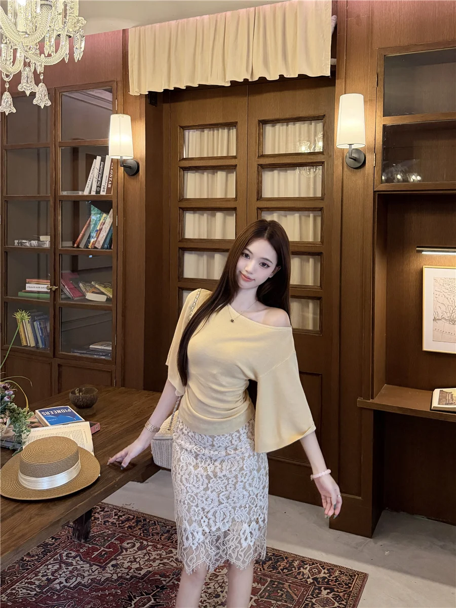 Shoulder Bared Knitted T Shirt Women Summer Slim Fit Gathered Waist Slimming Gentle Ageless Bell Sleeve Top Asymmetrical Comm...