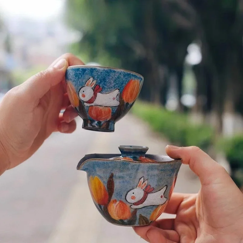 Handmade retro, oil painting style ceramic teapot/cover bowl/kung fu tea set