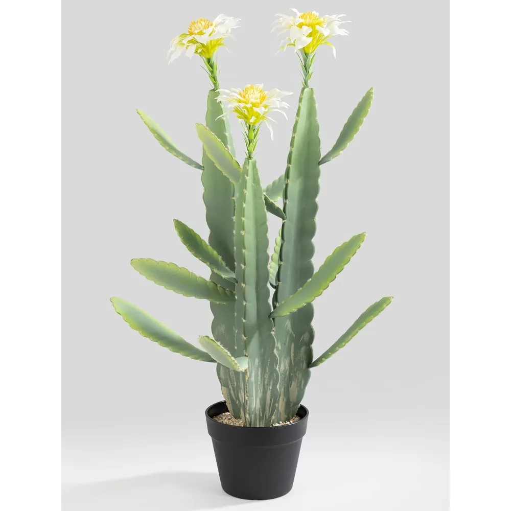 

Large Artificial Cactus with Lilly White Flowers in Pot with Natural Gravel. Satin Finish Leaves with Real Look and Feel.