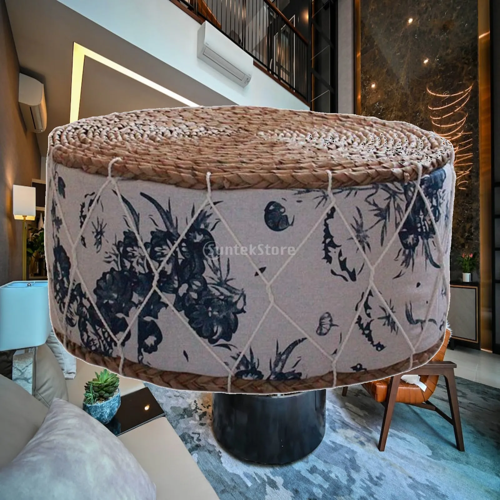 Breathable Straw Futon Floor Cushion Comfortable Round Tatami Cushion Stool with Sponge Padded 30x20cm