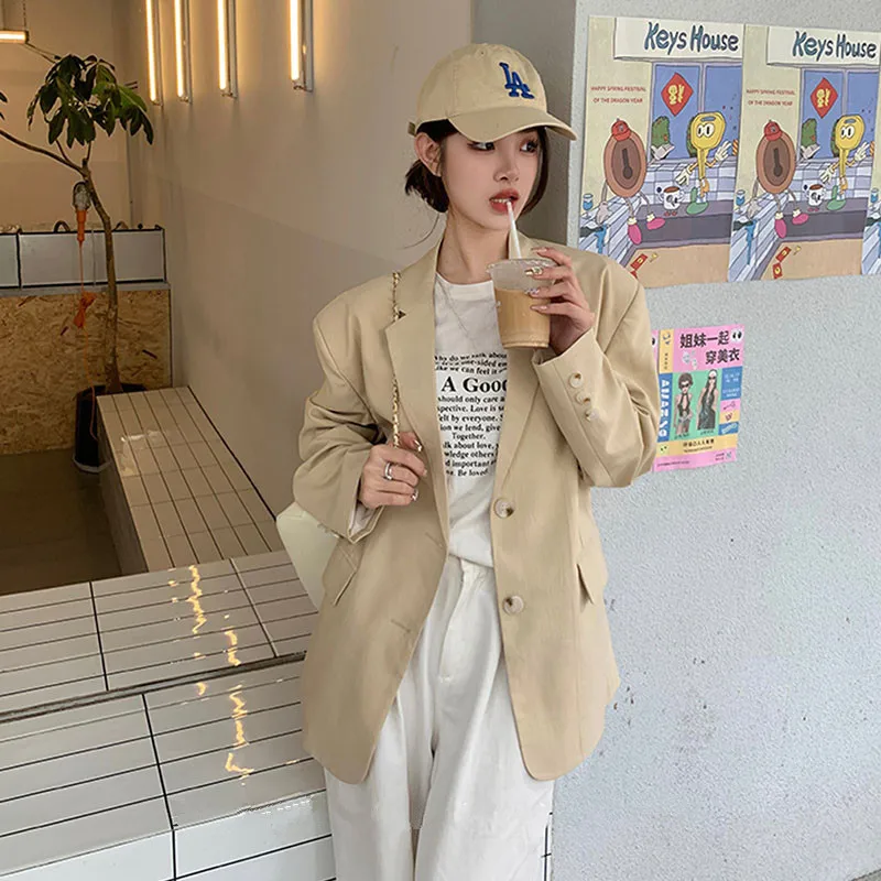 Korean Light Yellow Casual Suit Jacket Women Spring Autumn Loose Notched Collar Single-breasted Long Sleeve Blazers Coat Outwear