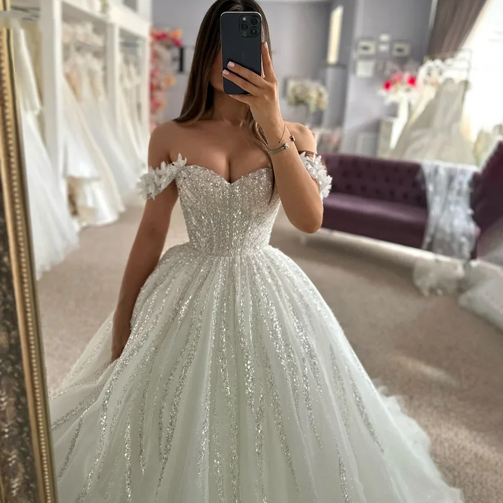 

FW Vintage Glitter Lace Wedding Dress A-Line Shiny Off Shoulder Sweetheart Bridal Gown Princess Sparkly Bride Gown Customized