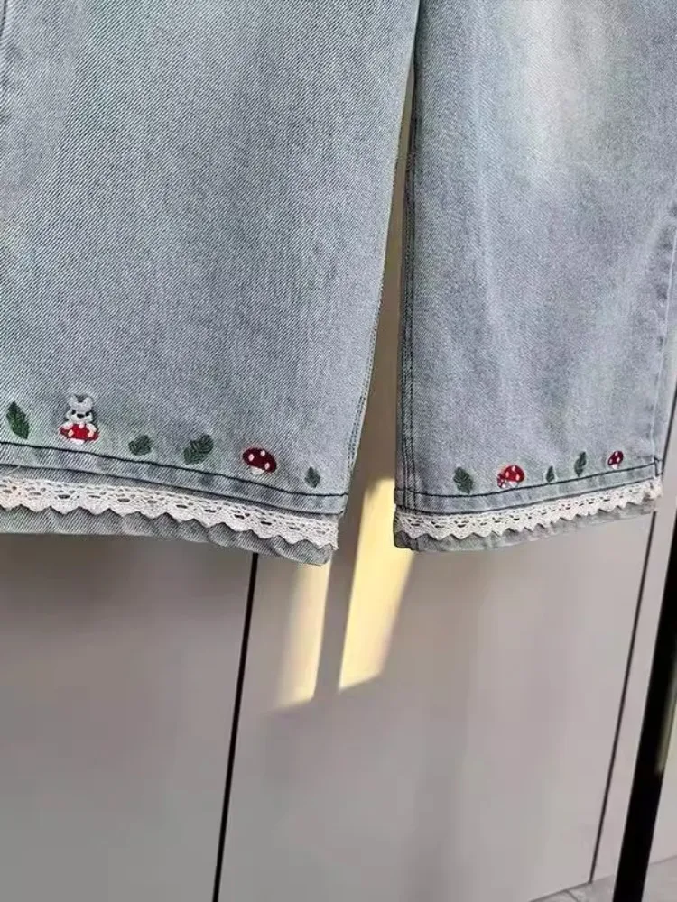 الربيع الصيف أزياء خمر الجينز النسائية نوعية جيدة مرونة الخصر الرباط لطيف التطريز الدانتيل خليط الساق الدنيم السراويل