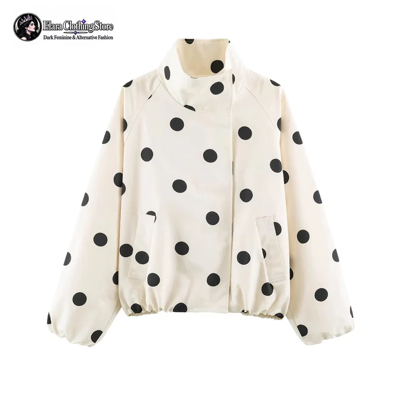 Women Vintage Polka Dot Bomber Jacket Oversized Stand Collar Snap Button Front Long Sleeve Spring Casual Streetwear Outerwear