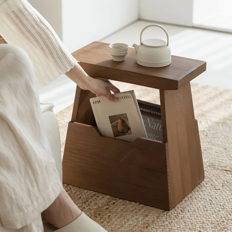 Mid-century Solid Wood Side Table with Storage Living Room Low Stool Multi-function Bedroom Nightstand Wooden Magazine Rack