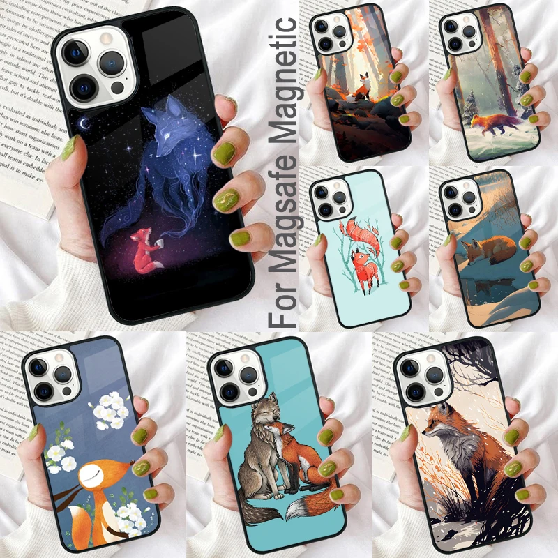 Cute Animal Fox Magnetic Soft Phone Case for iPhone 16 Promax 15 Pro 13 14 Plus 11 12 Mini MagSafe Coque