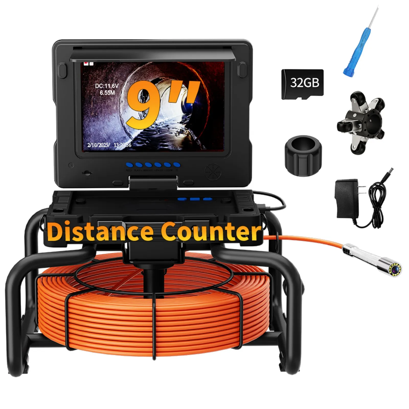 512Hz Self-Leveling Sewer Camera with Meter Counter,9"1080P DVR Drain Inspection Camera,7MM Diameter Cable 32GB TF Card 12 Leds