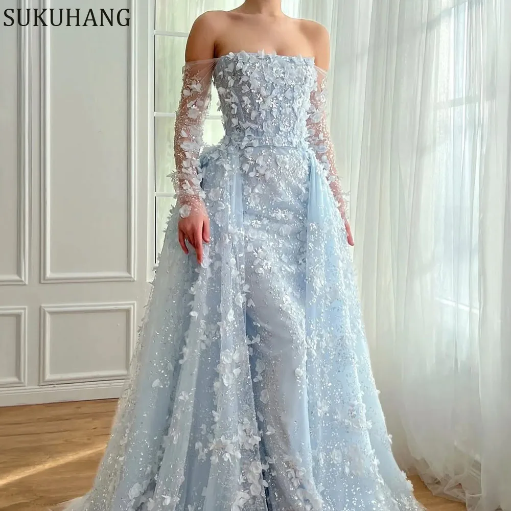 

SUKUHANG Роскошное синее вечернее платье с 3D цветами и открытыми плечами, с длинным рукавом, расшитое бисером, горячее платье для выпускного вечера, Дубай, индивидуальное