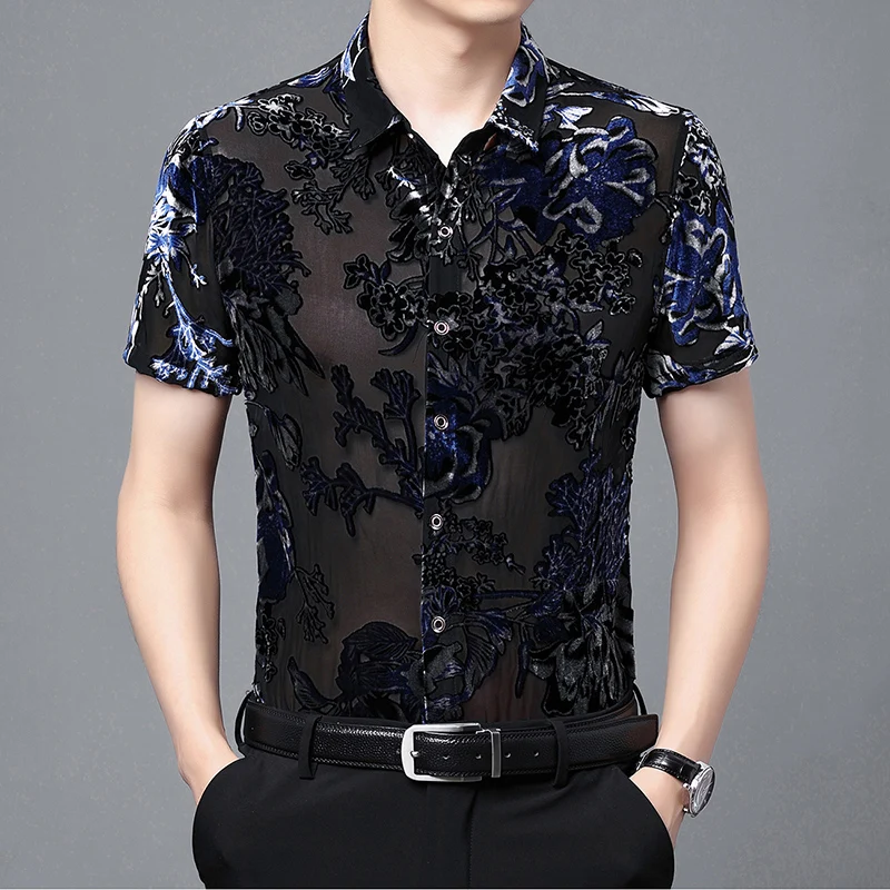 Sexy Hollow Flowers Clothes Men Summer See Through Silk Velvet Shirt Single Breasted Transparent Tops Floral Dress Shirts