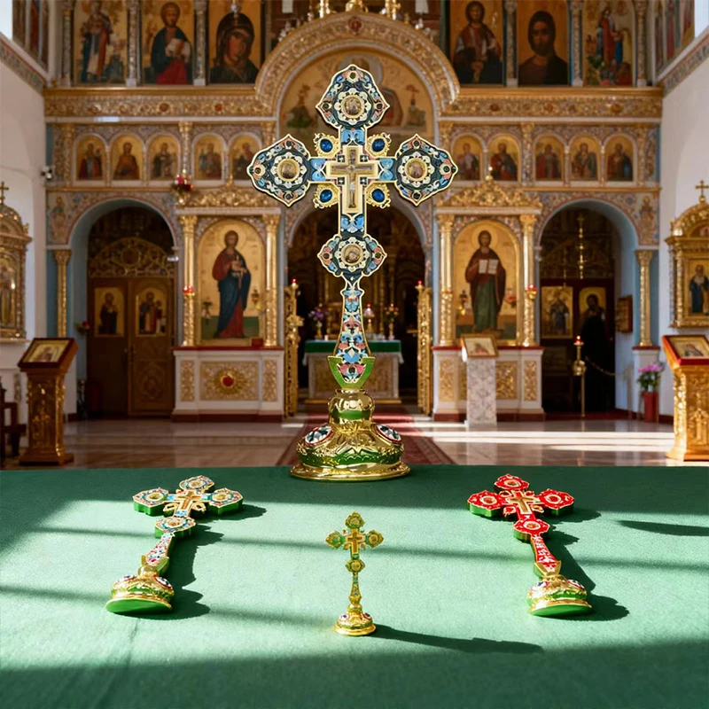 Luxuriöses Orthodoxes Christliches Geschenk: Vergoldetes Grünes Cloisonné-Standkreuz, Kirchenqualität, Altar-Kruzifix für Spirituelle Heimdekoration – Detail 7