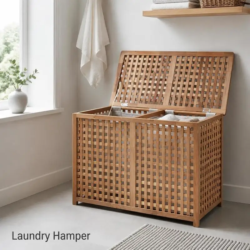 Panier à linge en bois de noyer 87,5 x 46 x 67 cm avec deux compartiments indépendants, structure robuste, livraison locale