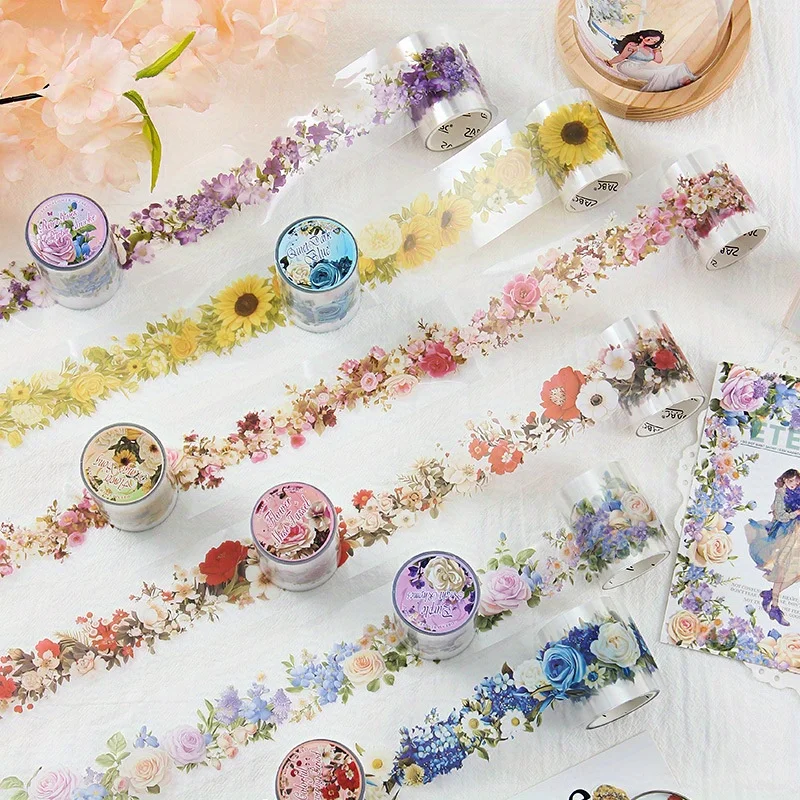 1 Rolle/Packung dekoratives Washi-Klebeband für Journaling und Scrapbooking – wasserfestes PET-Klebeband mit buntem Blumen- und Pflanzenmuster