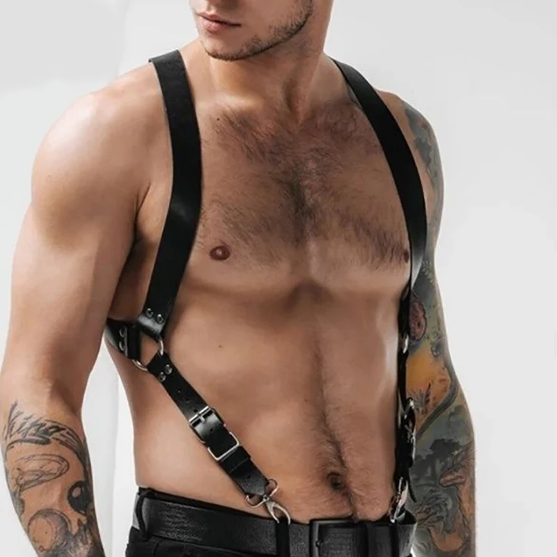 

Mens Black Leather Armors Suspenders Shoulder Strap Body Chest Harness Chain Belt Adjustable Gay Punk Clubwear Party Bar Costume