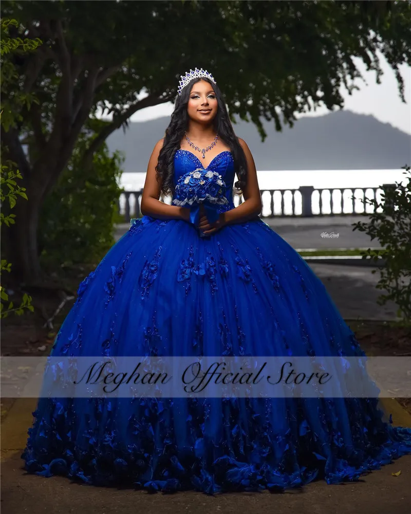 México Royal Blue Sweetheart Vestido Quinceanera 2025 Bead 3D Flower Corset Prom Dress Vestido de Baile Doce 16 15 Robe De Customized