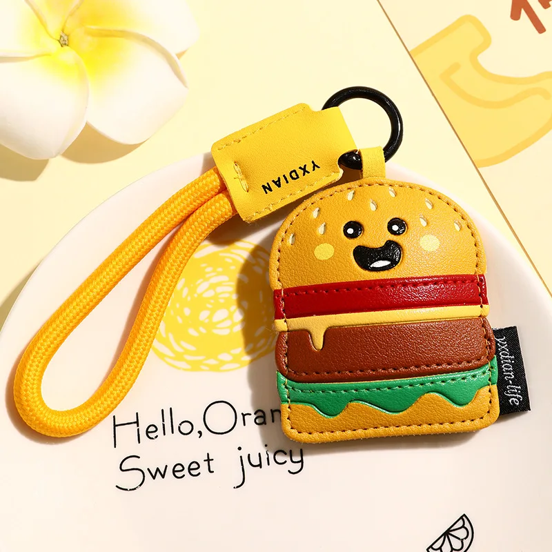 cute kawaii cartoon donut hamburger pizza keychain pu leather keyring car keyfob for women men simulation food bag pendant charm