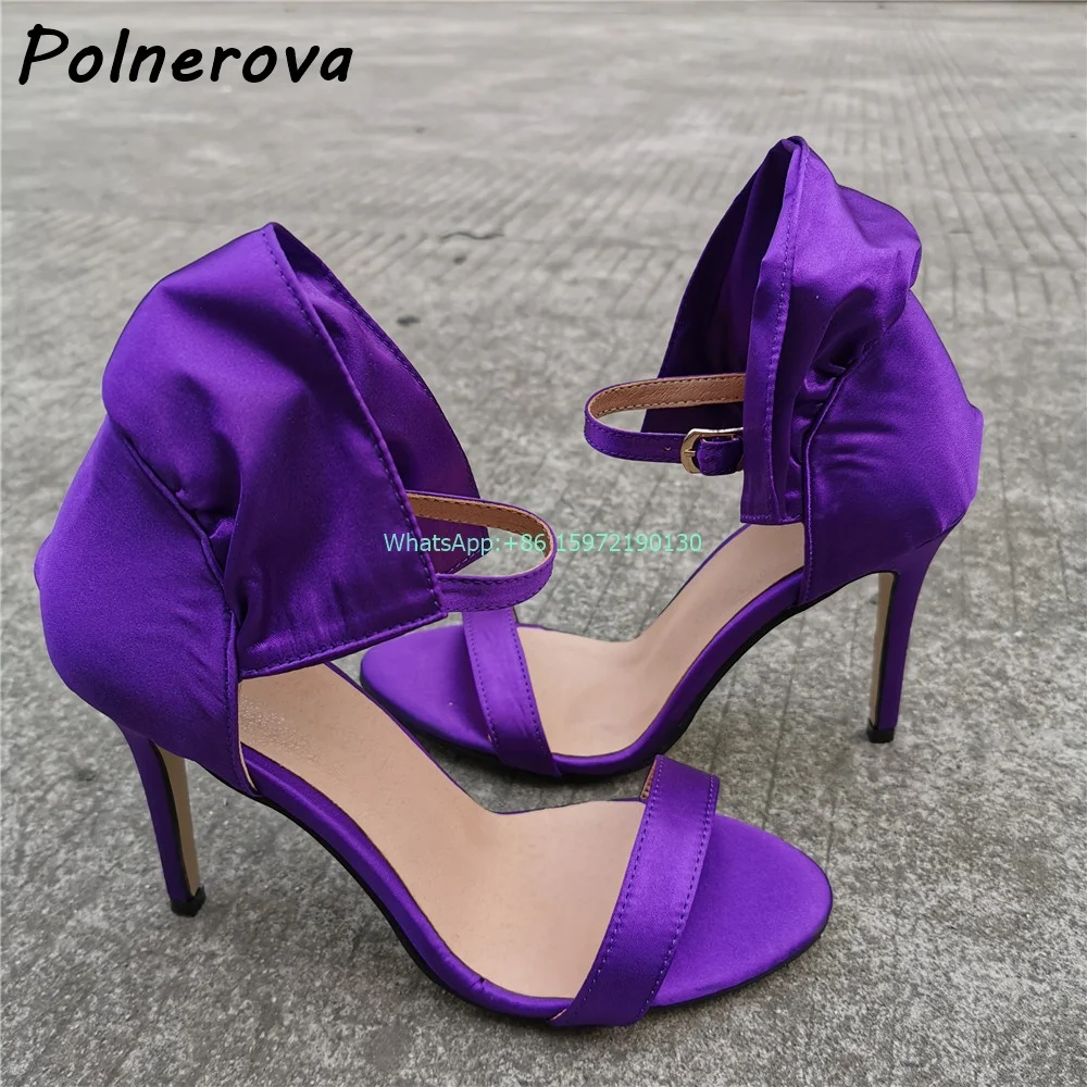 Satin Solid Skirt Sandals Round Toe Straight Strap Thin Heels Ankle Strap Shoes Purple Elegant Fashion Runway Dress Shoes