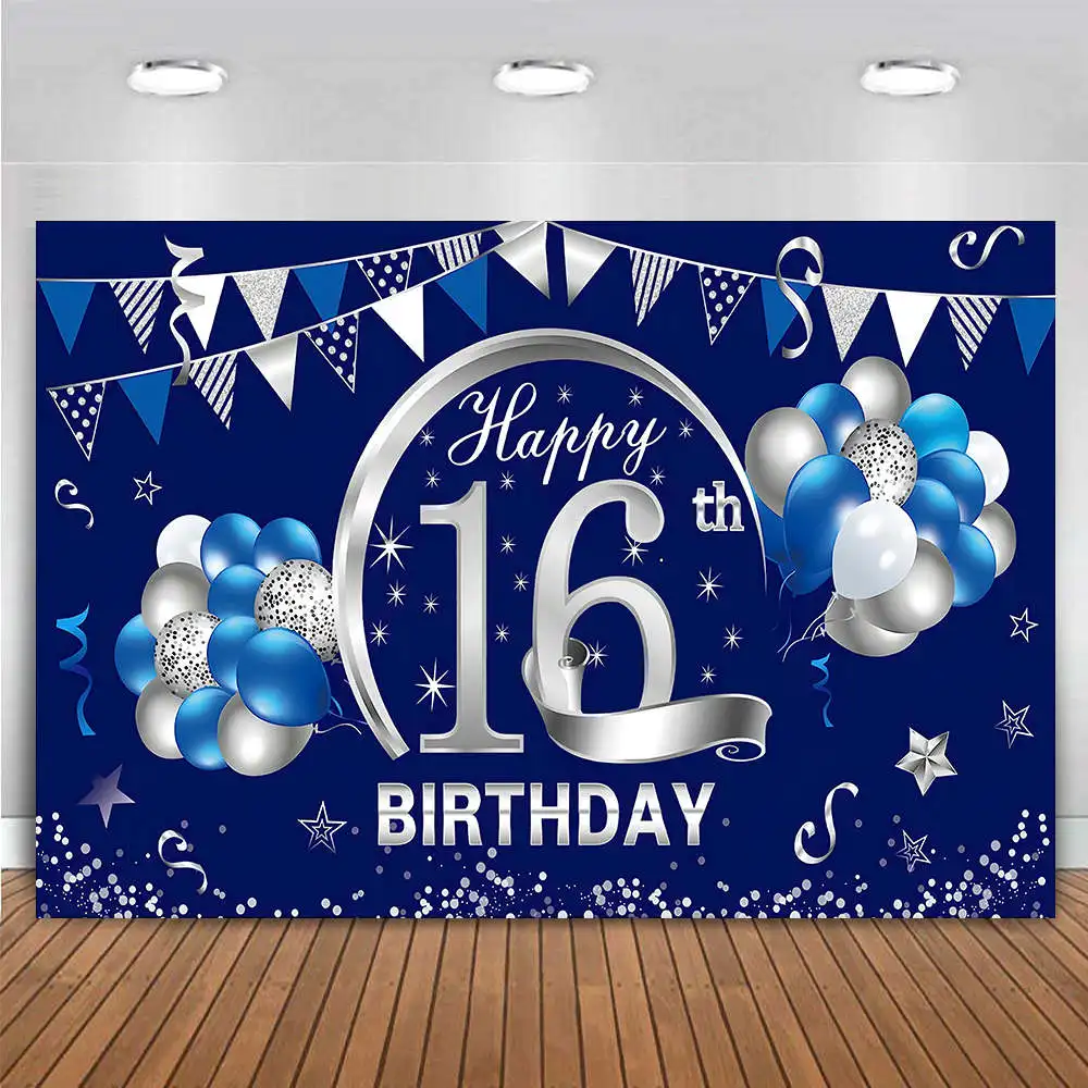 

Custom Happy 16th Birthday Party Decor Backdrop Banner Sixteen 16 Years Old Blue Silver Photography Background for Boys Girls