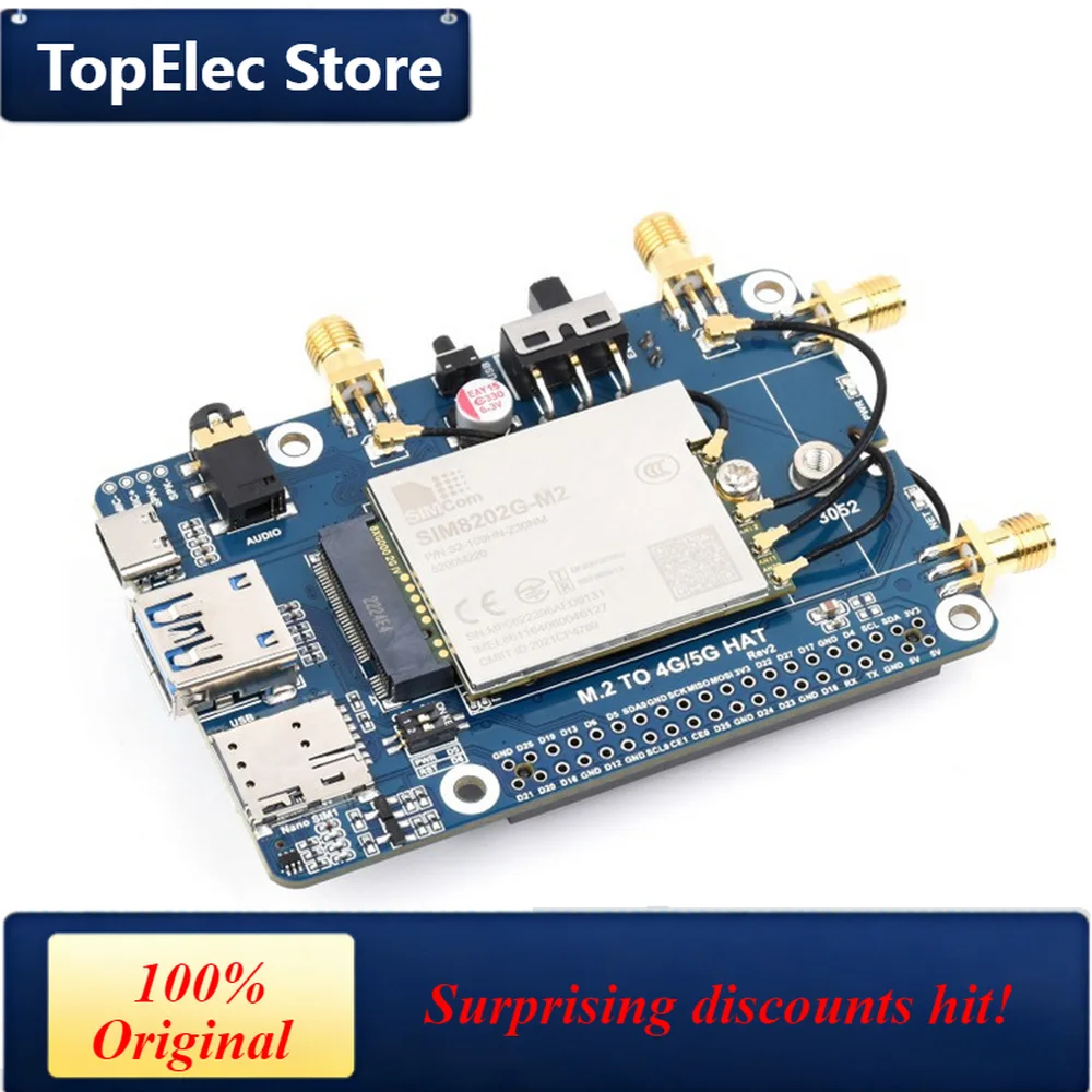 TopElec SIM82XX-M2 5G HAT For Raspberry Pi Quad Antennas 5G NSA Multi-Band 5G/4G/3G Compatible With Case(Optional)