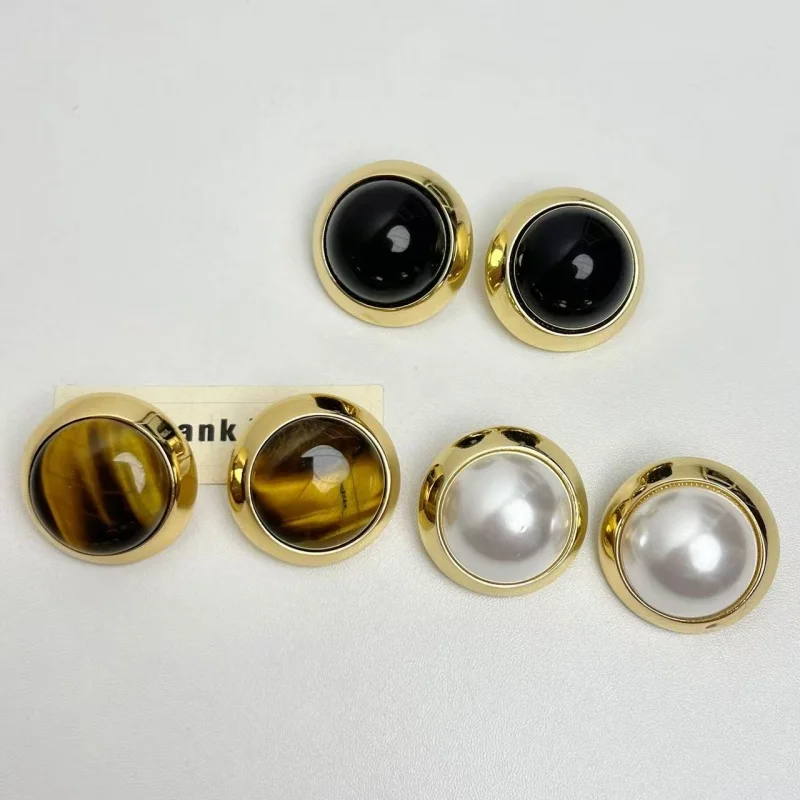 

French Luxurious round Gemstone Earrings for Women with Mother-of-Pearl/Tiger Eye/Black Agate Fashion Jewelry for Daily Commuet