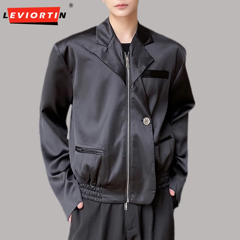 Men Short Jacket Zipper Solid Color Lapel Long Sleeve Pilot Suit Jackets Streetwear Trendy Casual Outerwear M-XL