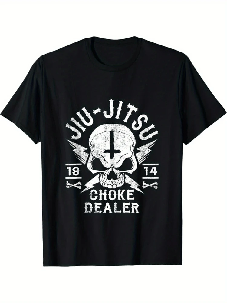 Men's Brazilian Jiu Jitsu martial arts pattern-design with bones and swords, 100% cotton round neck casual T-shirt.